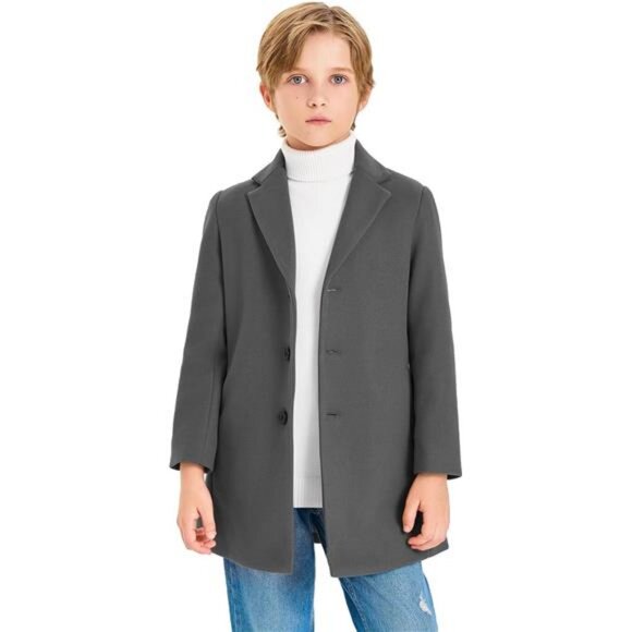 Boys Single Breasted Peacoat Notch Lapel Overcoat with Pockets 5-14 Years